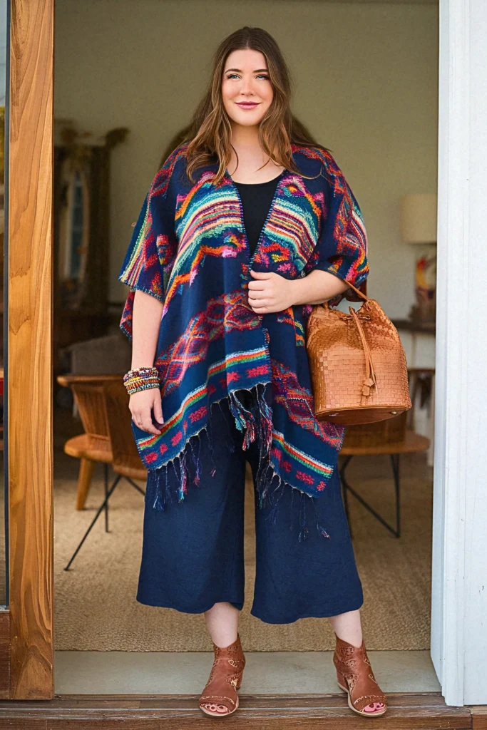 Plus Size Peruvian-Inspired Poncho with Wide-Leg Cropped Pants Boho Outfit
