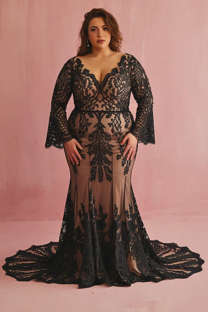 Plus Size MacrameÌ Lace Bohemian Black Wedding Dress