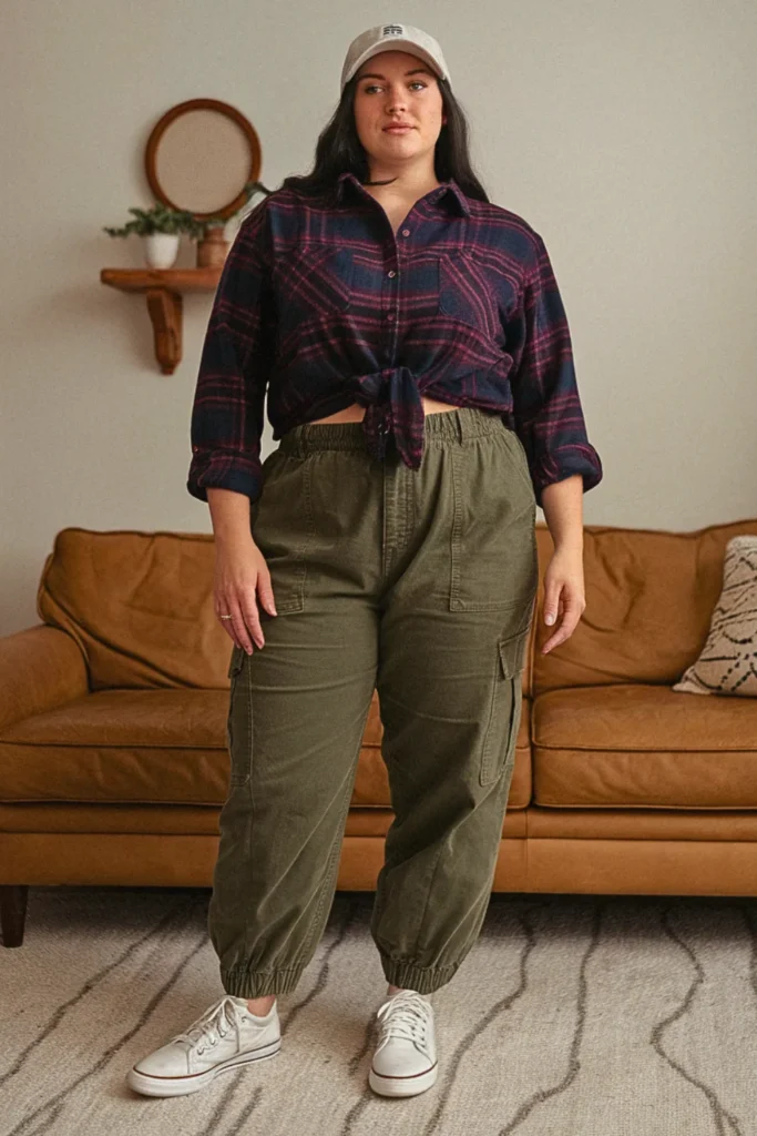 Plus Size Flannel Shirt and Cargo Pant Fall Outfit