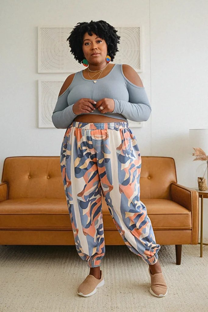 Plus Size Summer Printed Joggers and Cold-Shoulder Top Mom Outfit