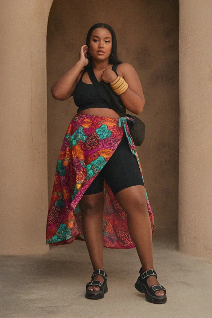 Plus Size Aesthetic Convertible Wrap Skirt Over Bike Shorts Summer Outfit