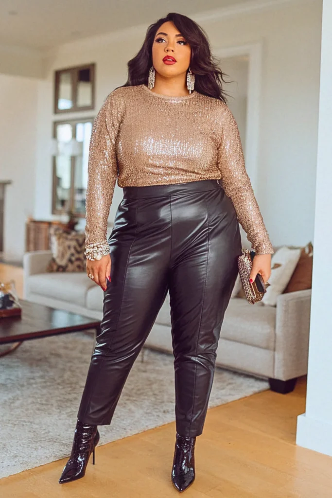 Plus Size Sequin Top Leather Pants Fall Outfit