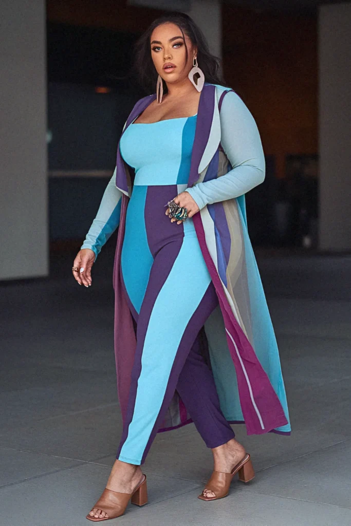 Plus Size Summer Color-Block Jumpsuit and Duster Vest Vegas Outfit