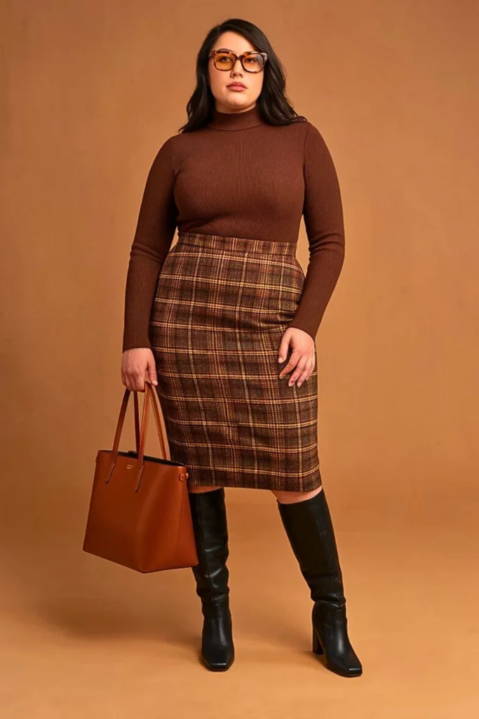 Plus Size Autumn Plaid Pencil Skirt Office Work Outfit