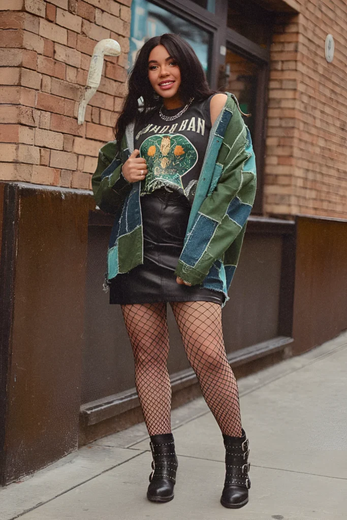 Green Patchwork Denim Jacket and Leather Skirt St. Patrick's Day Outfit