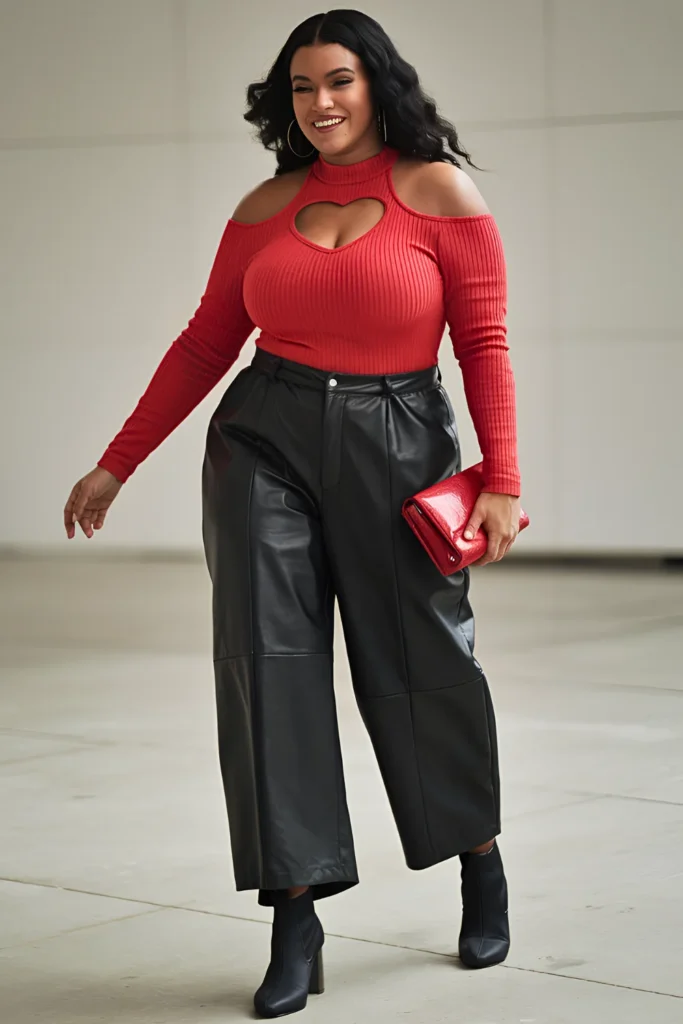 Plus Size Valentine's Red Off-Shoulder Top with Black Faux Leather Pants Outfit