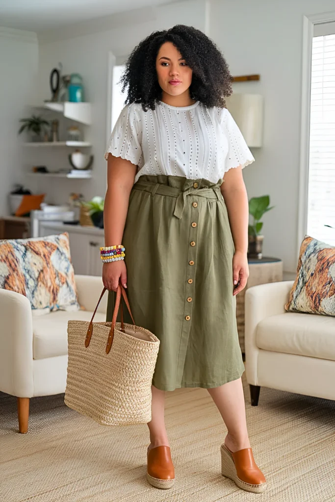Plus Size Linen Paperbag Waist Summer Skirt Outfit
