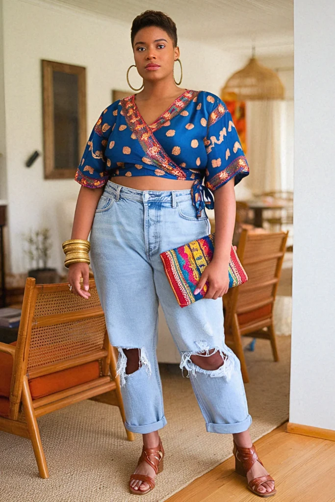 Plus Size Upcycled Sari Wrap Top with Distressed Boyfriend Jeans Boho Outfit