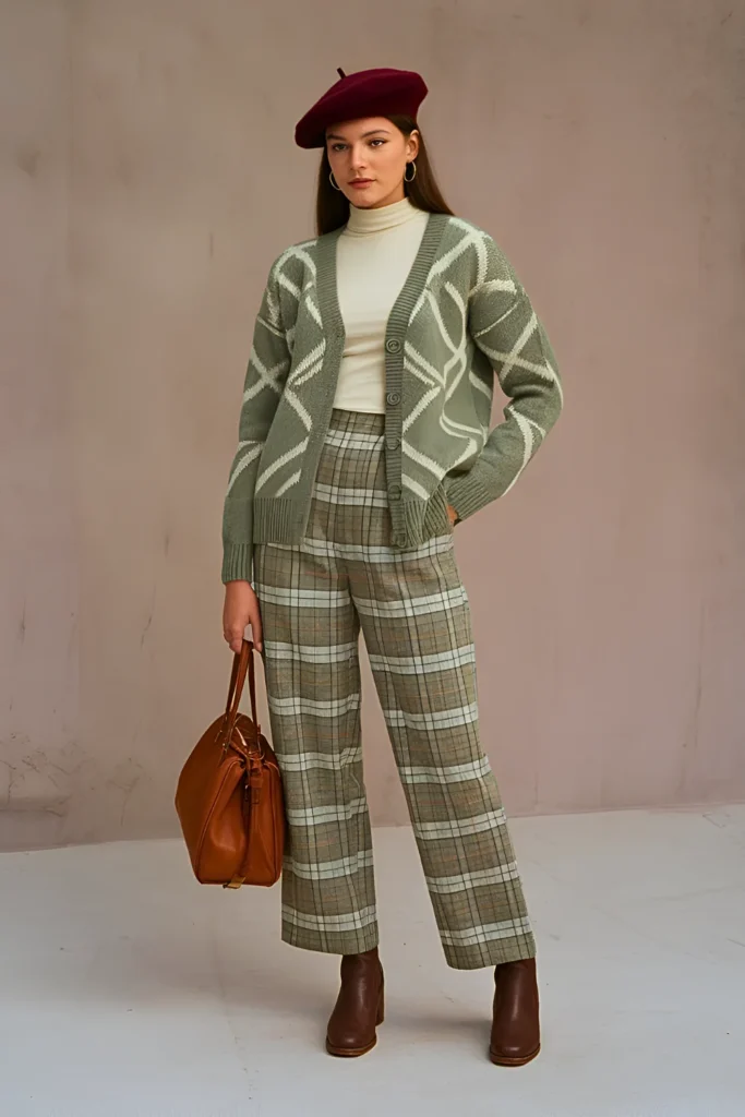 Geo-Print Cardigan & Plaid Pants Cold Spring Outfit