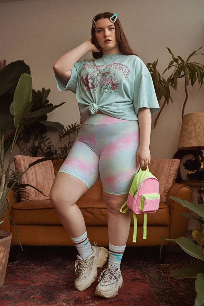 Plus Size Summer Tie-Dye Bike Shorts and Graphic Tee Outfit