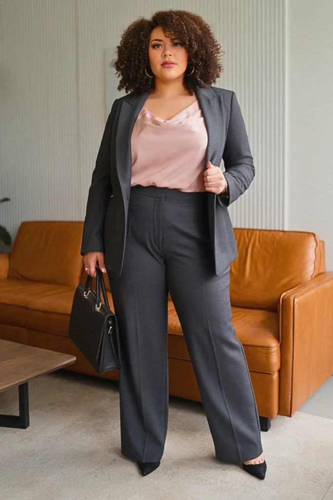 Plus Size Trouser Suit and Silk Camisole Dressy Fall Outfit