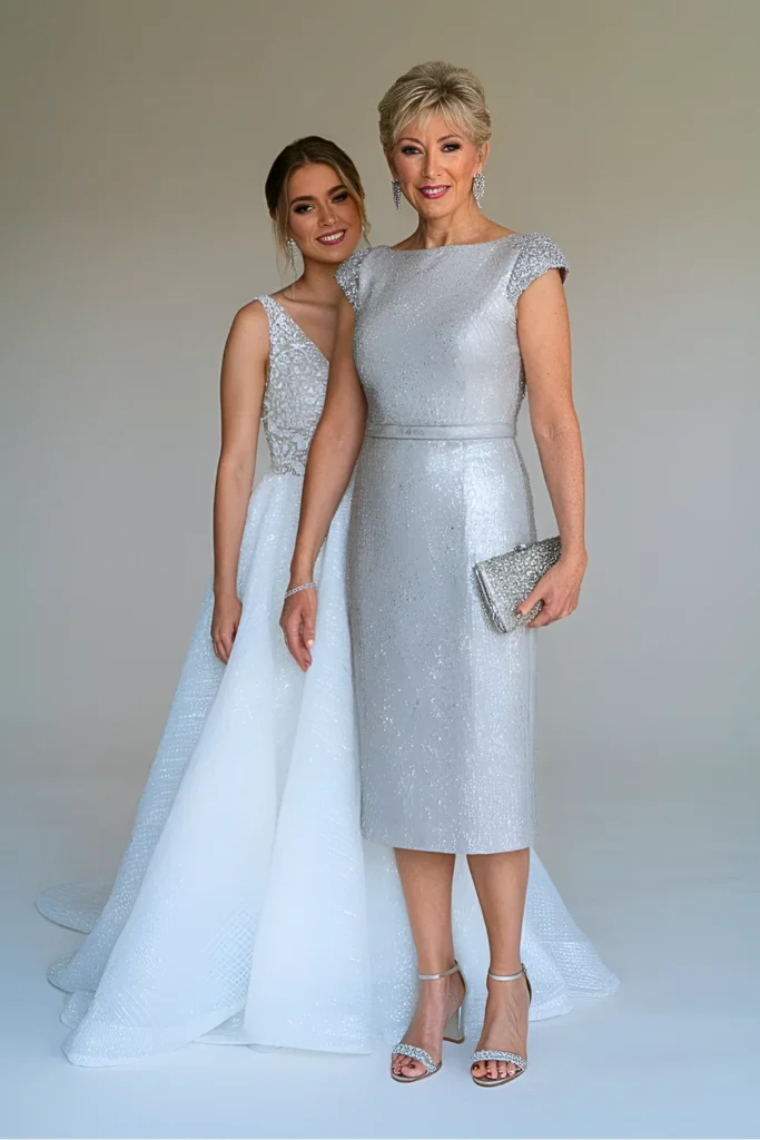 Petite Silver Sequin Knee-Length Mother of the Bride Sheath