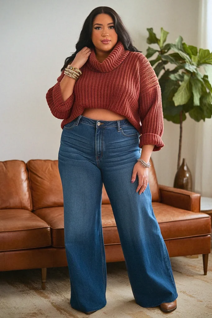 Plus Size Cowl Neck Sweater and Wide-Leg Jeans Fall Outfit