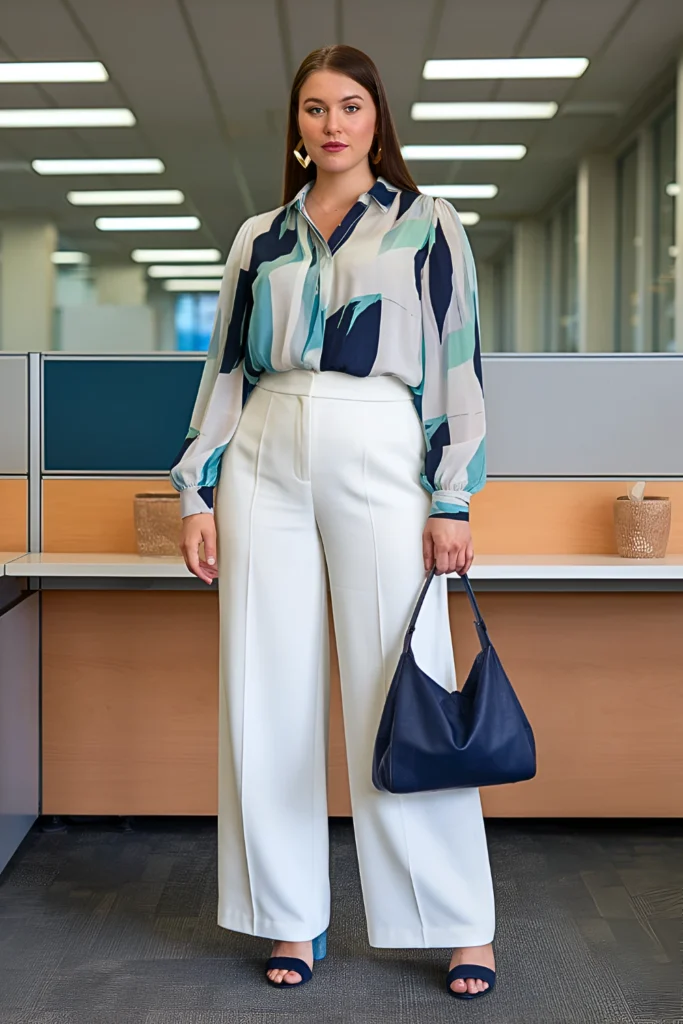 Plus Size Abstract Brushstroke Print Summer Work Blouse