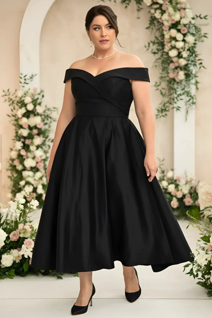 Plus Size Mother of the Groom Black Off-the-Shoulder Gown Dress