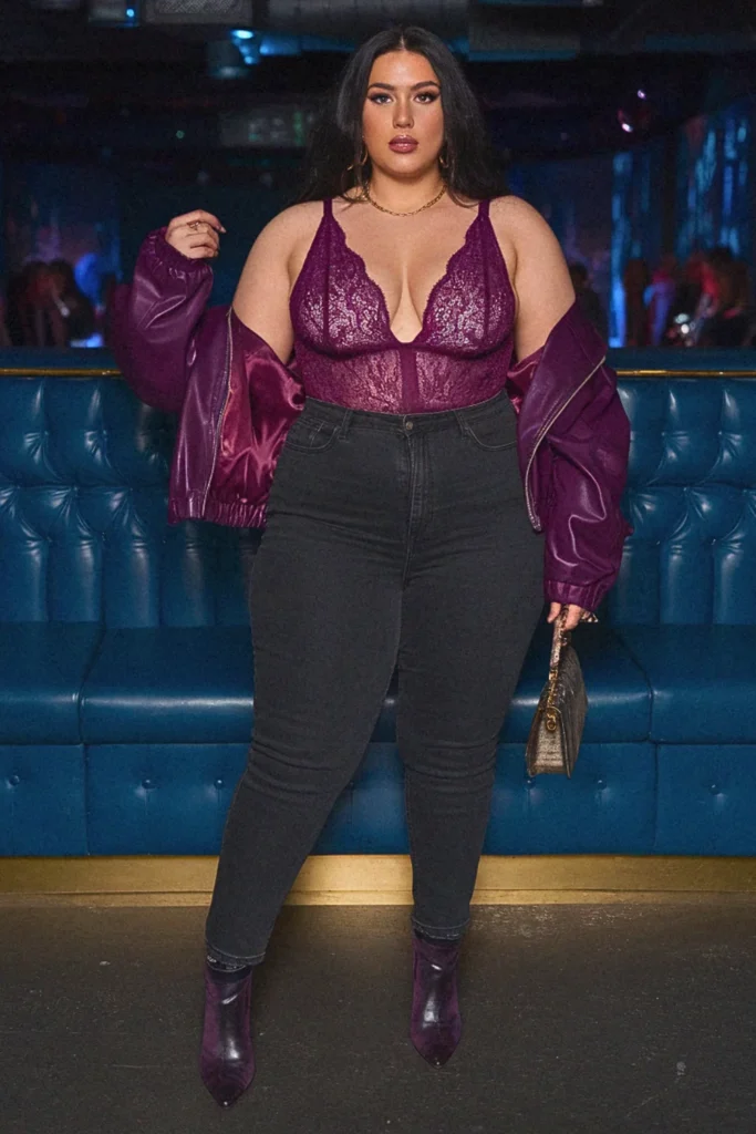 Plus Size Fall Lace Bodysuit and High-Waisted Jeans Going Out Outfit