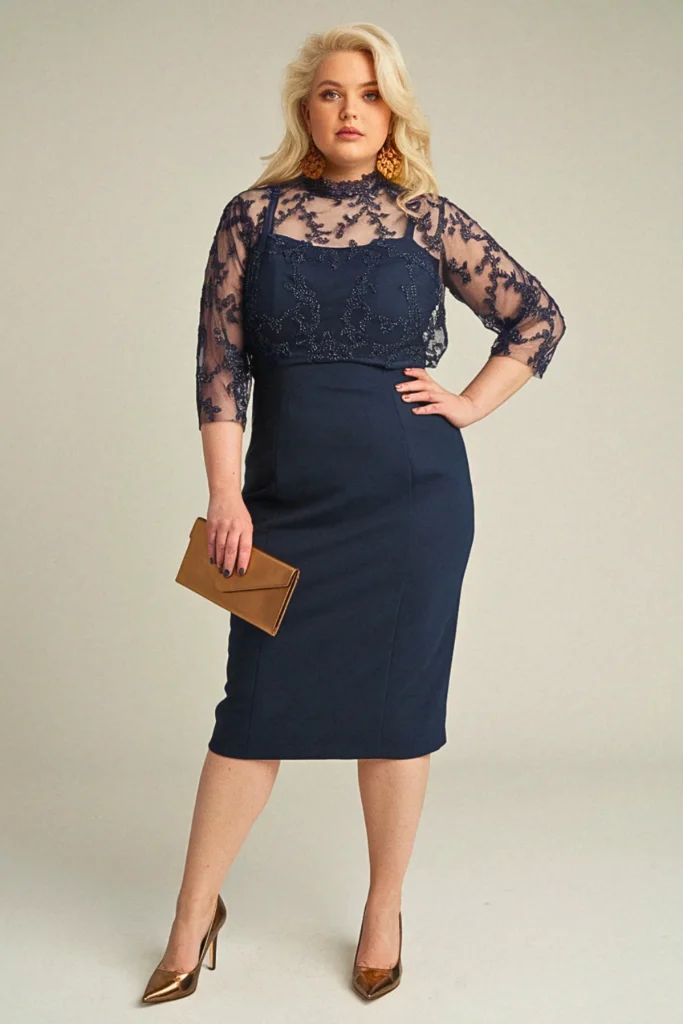 Plus Size Navy Blue Embroidered Tulle Overlay Wedding Guest Dress
