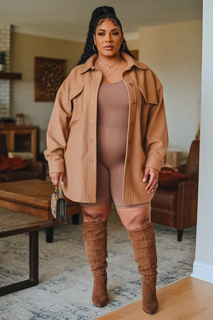 Plus Size Shacket Bike Shorts Boots Fall Outfit