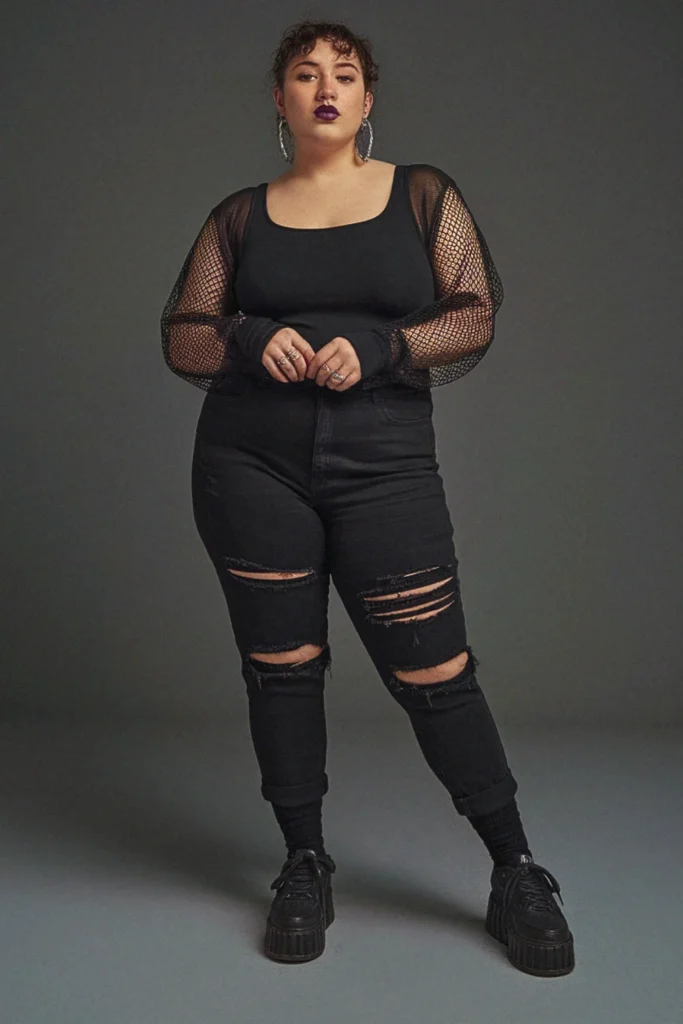 Plus Size Fall Mesh Sleeve Top Grunge Outfit