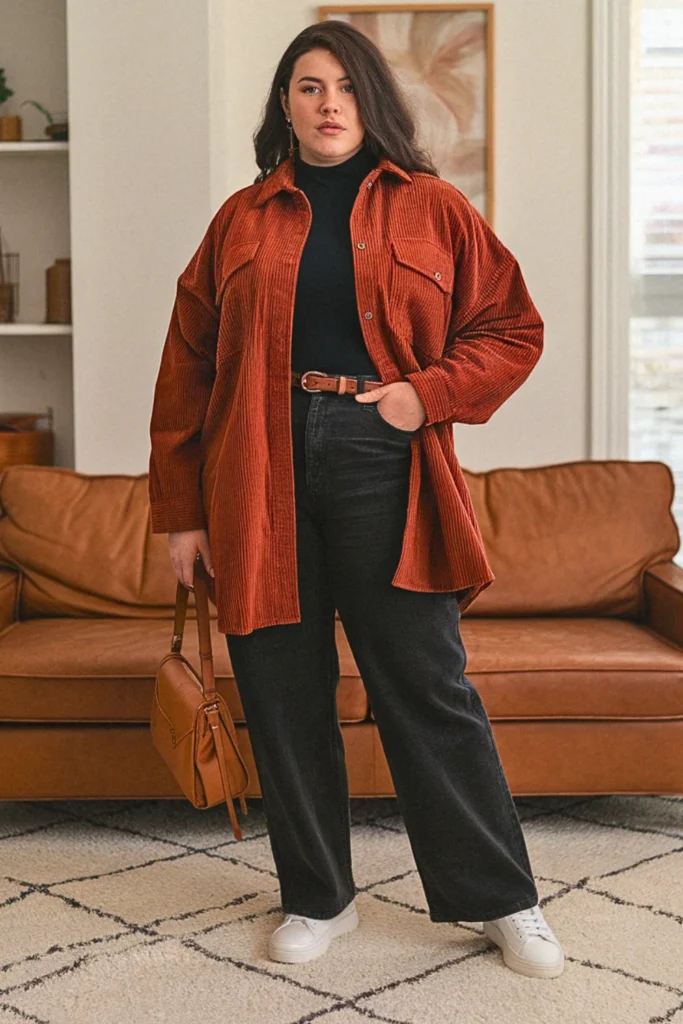 Plus Size Corduroy Shacket and Straight-Leg Jean Fall Outfit