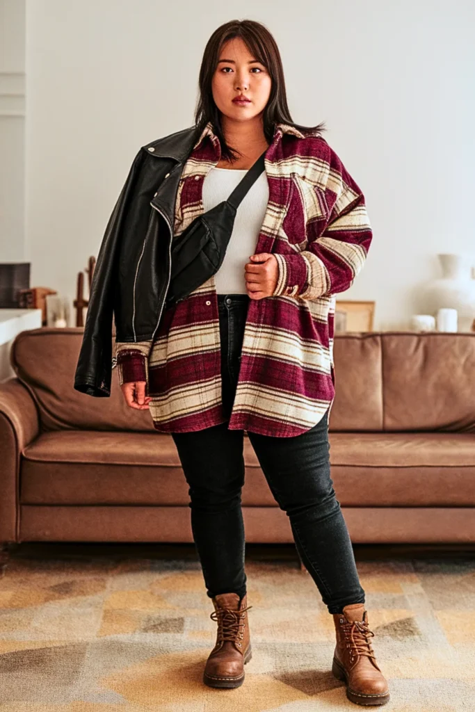 Plus Size Korean Plaid Shirt Autumn Outfit