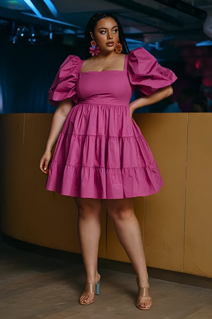 Plus Size Tiered Ruffle Mini Dress with Puff Sleeves Summer Club Outfit