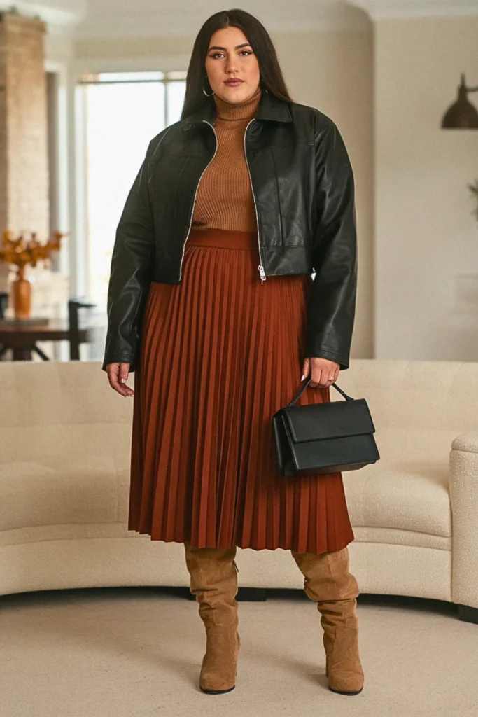 Plus Size Fall Leather Jacket Midi Skirt Autumn Outfit