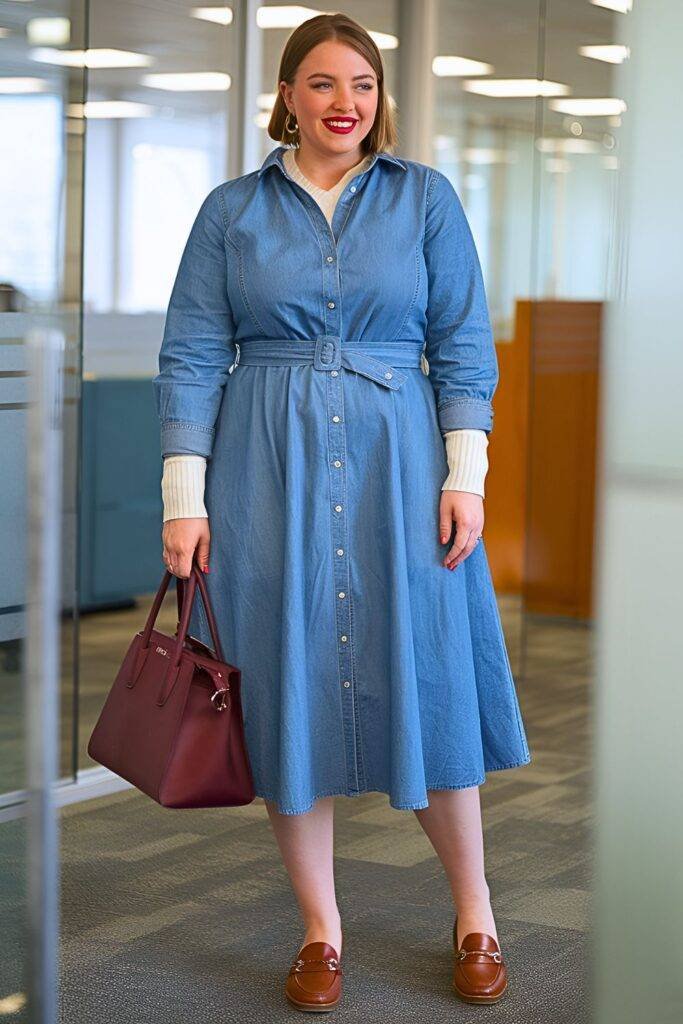 Plus Size Chambray Shirt Dress Spring Business Casual Outfit