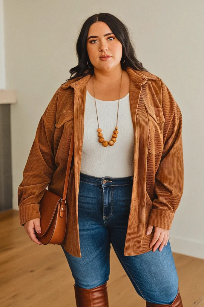 Plus Size Cute Corduroy Shacket Layered Fall Outfit