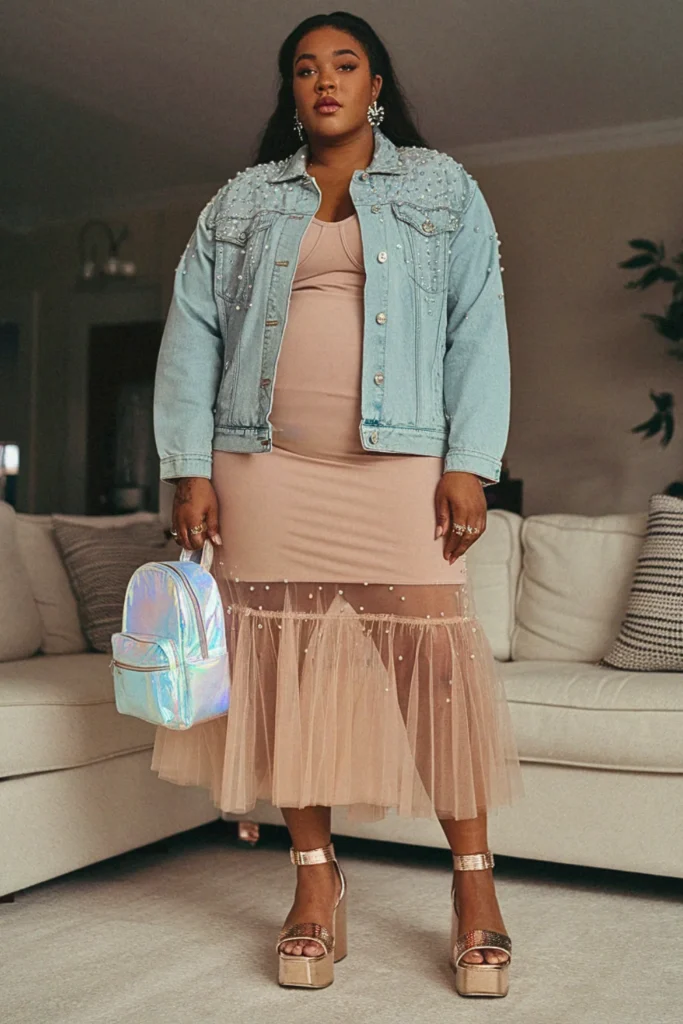 Tulle Overlay Midi Dress with Embellished Denim Jacket Birthday Outfit