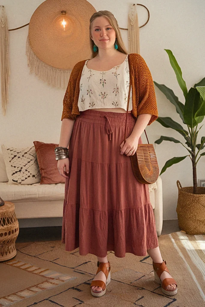 Plus Size Desert Sunset Tiered Midi Skirt and Embroidered Crop Boho Outfit