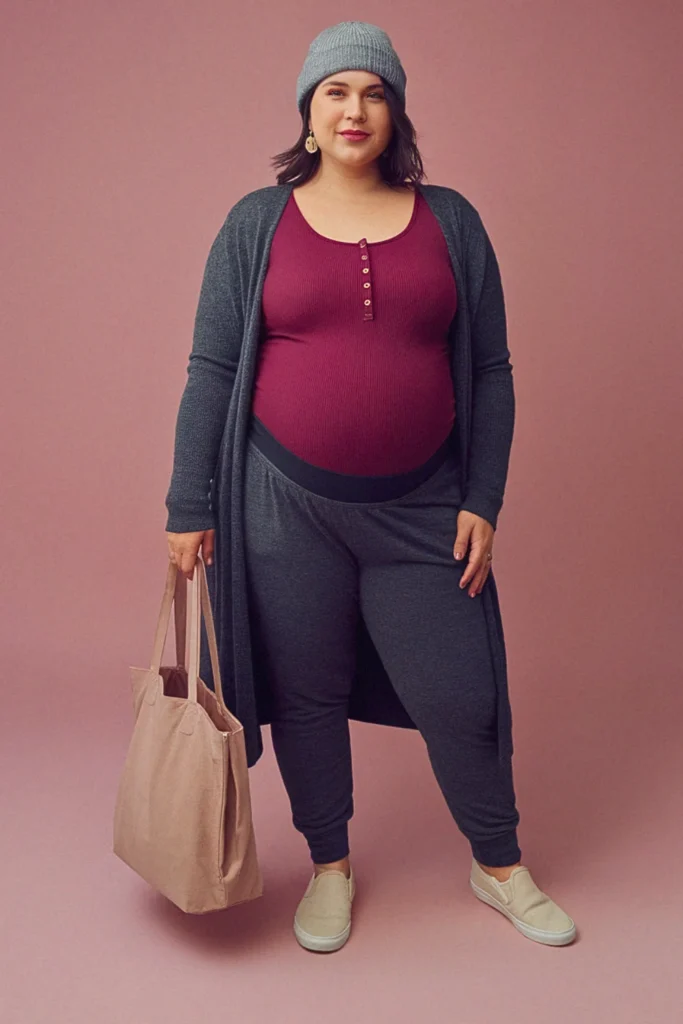 Plus Size Fall Henley and Cardigan Maternity Outfit