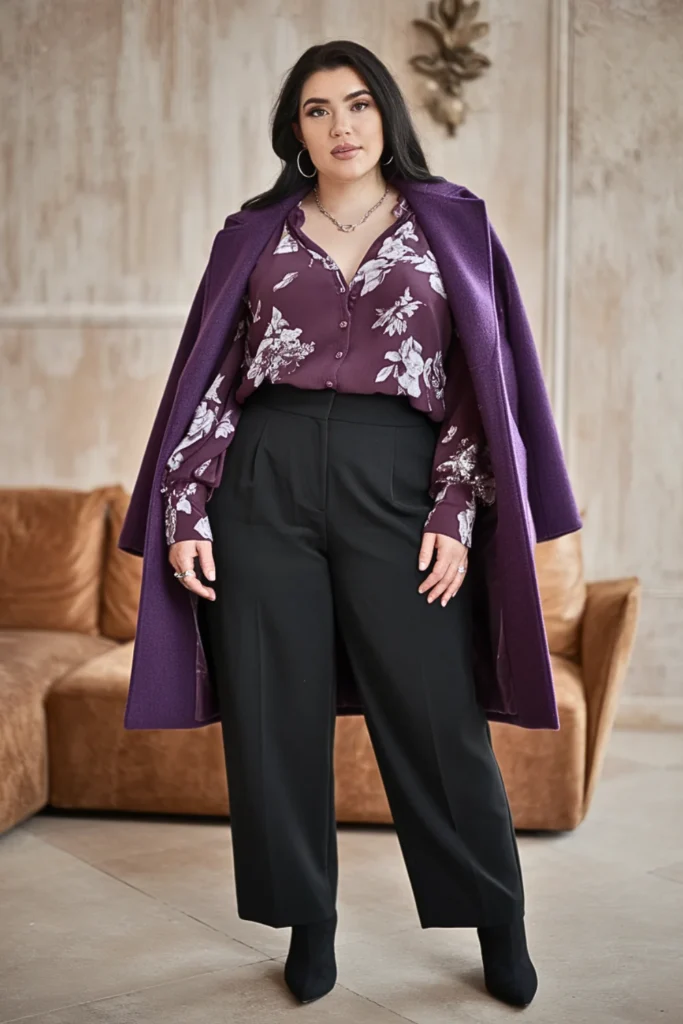 Plus Size Floral Print Blouse with Black Trousers and Ankle Boots Winter Outfit