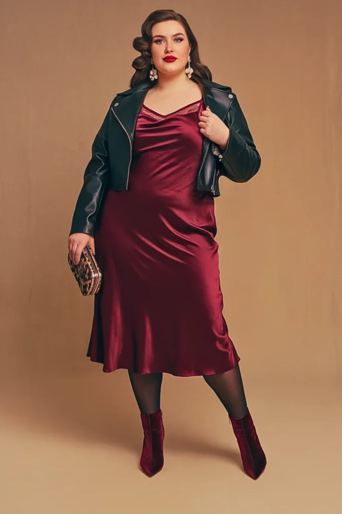 Plus Size Leather Jacket and Slip Dress Vintage Autumn Outfit