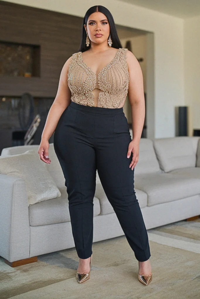 Plus Size Cigarette Pants and Embellished Top Dressy Fall Outfit