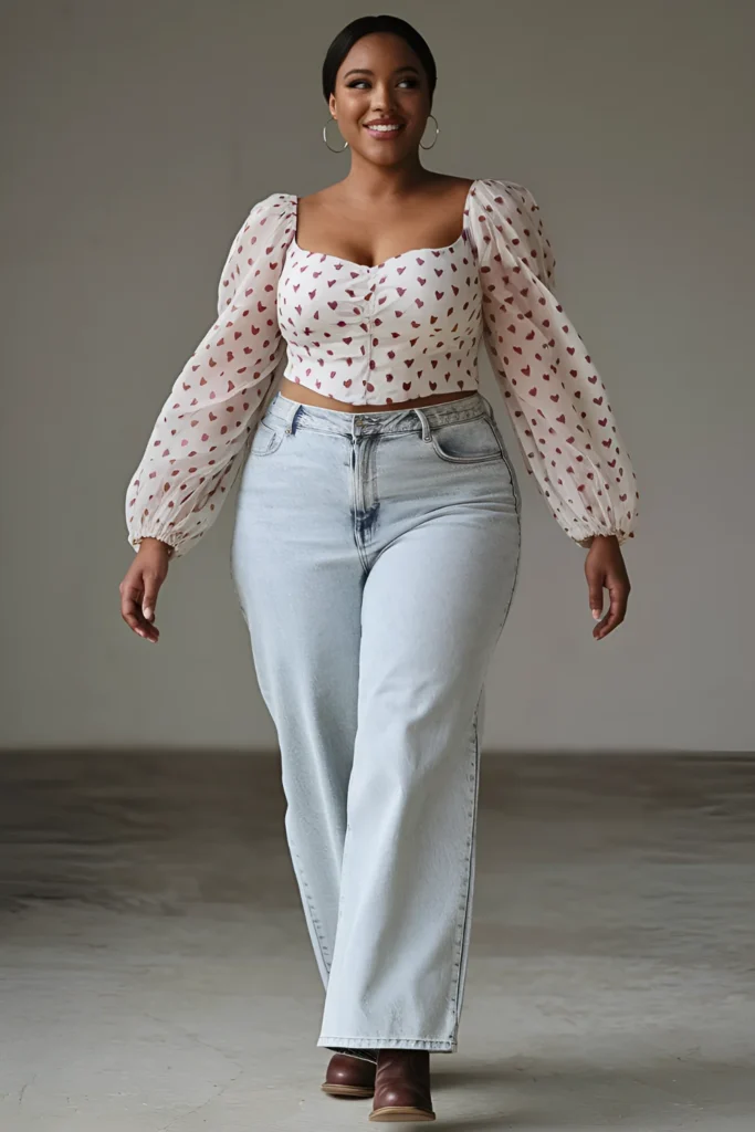Plus Size Valentine's Jeans and a Heart-Print Blouse Outfit