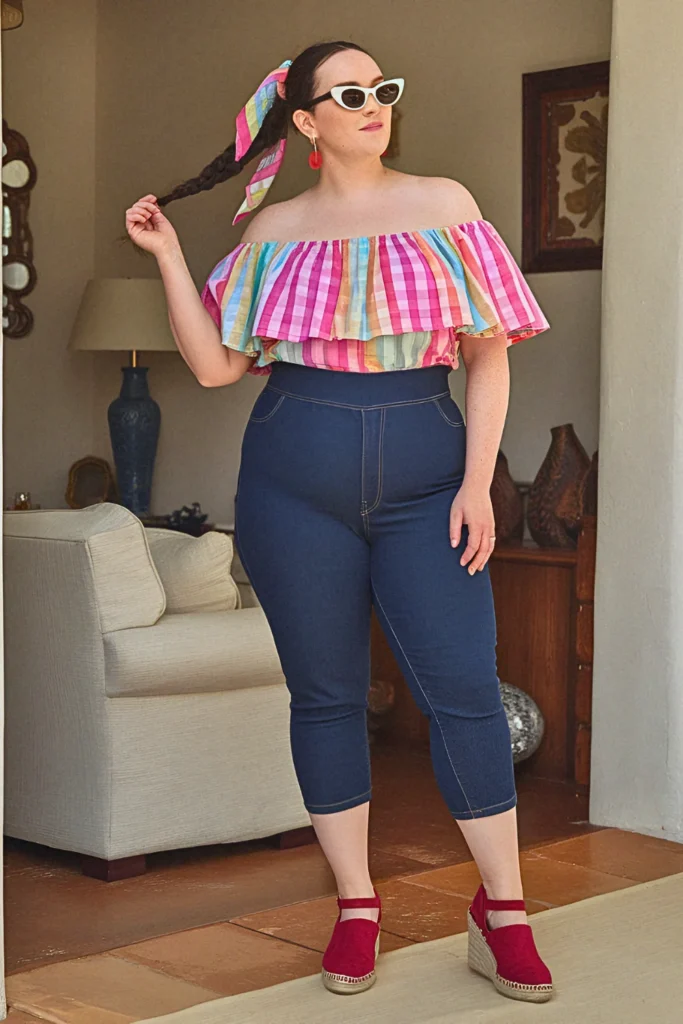 Plus Size Summer Retro-Inspired Capri and Bardot Top Mom Outfit
