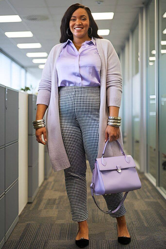 Plus Size Gingham Print Pants and Silk Blouse Spring Business Casual Outfit