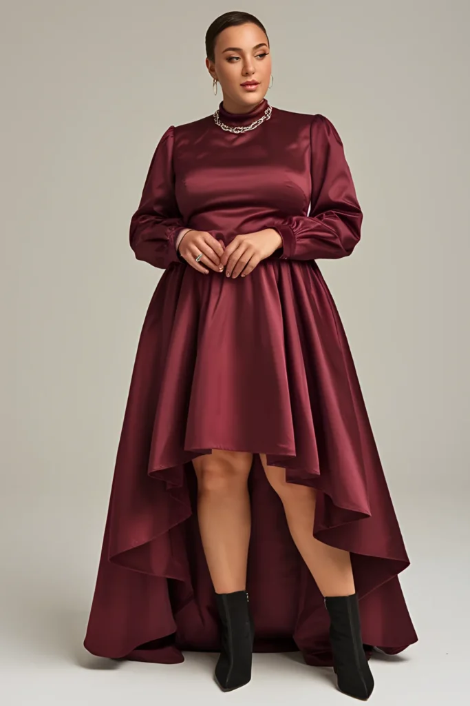 Plus Size Winter Ruby Toned Satin High-low Dress