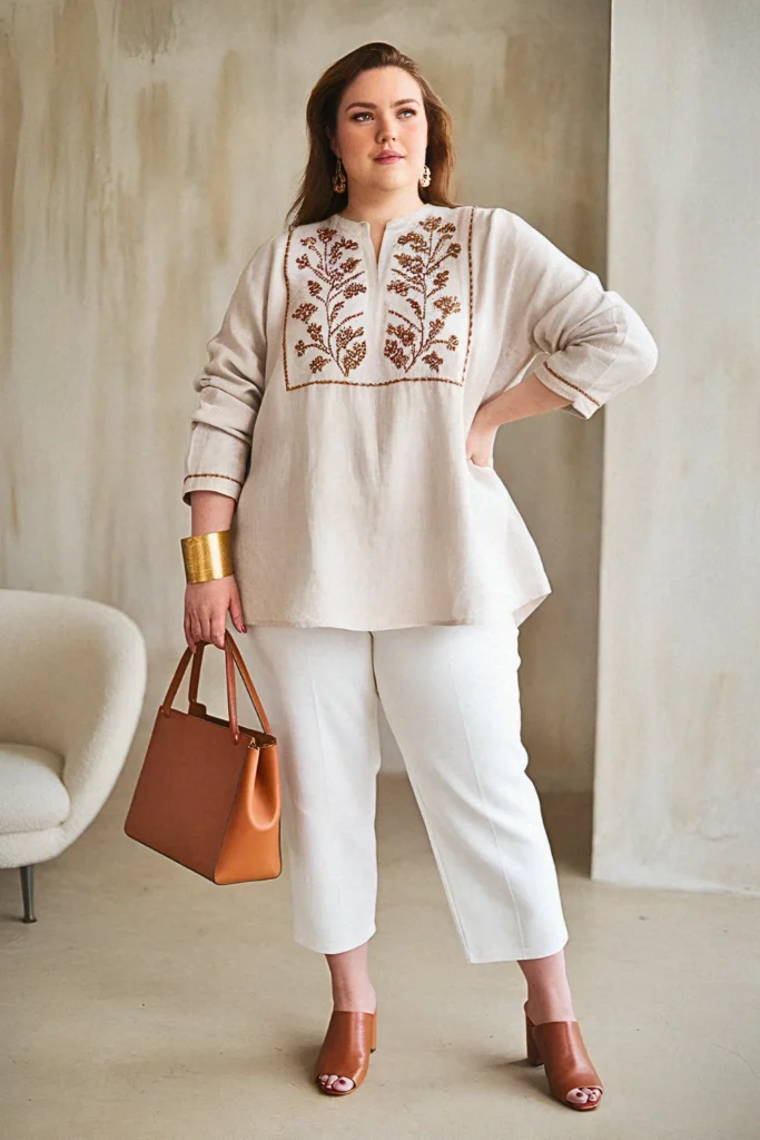 Plus Size Classy Embroidered Linen Summer Outfit