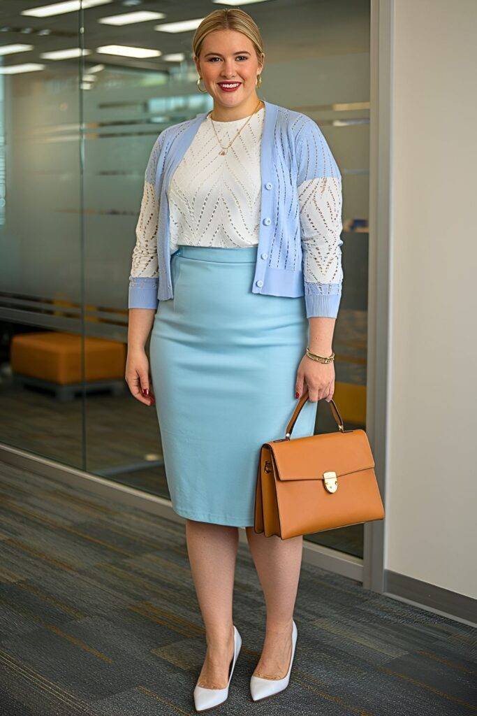 Plus Size Eyelet Lace Top and Pencil Skirt Spring Business Casual Outfit