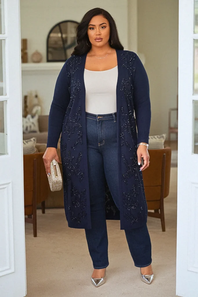 Plus Size Embellished Cardigan and Straight-Leg Jeans Fall Outfit