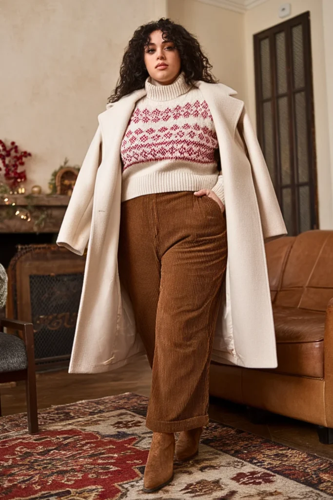 Plus Size Fair Isle Sweater with Corduroys and Ankle Boots Winter Outfit