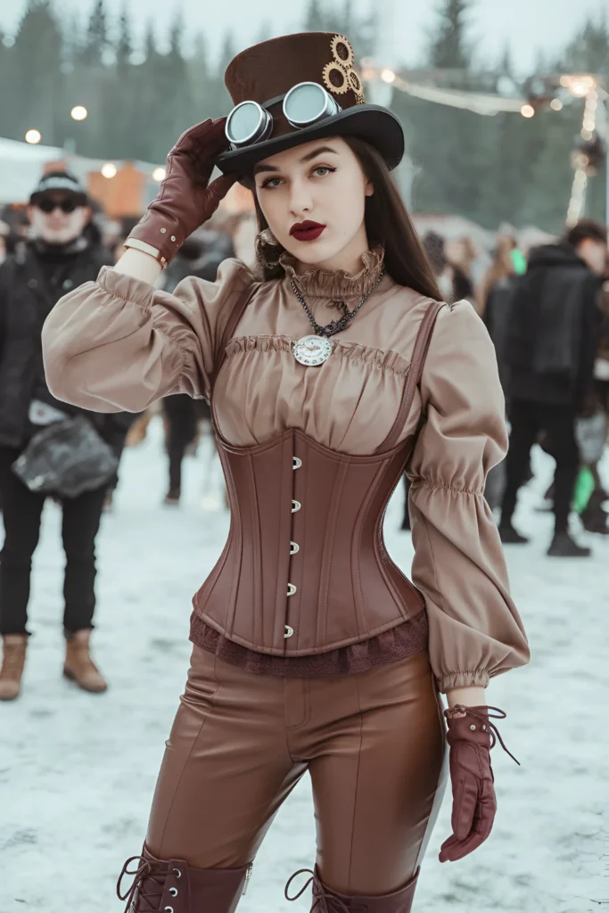 Winter Brown Leather Corset Outfit For Rave Festivals