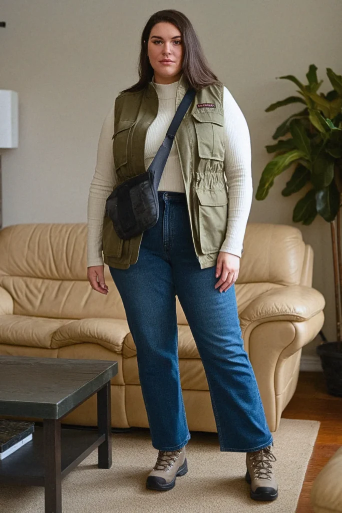 Plus Size Utility Vest and Thermal Top Fall Outfit
