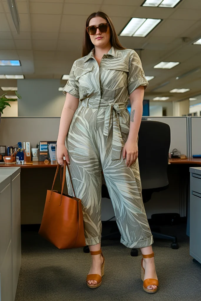 Plus Size Tropical Print Utility Jumpsuit Work Attire