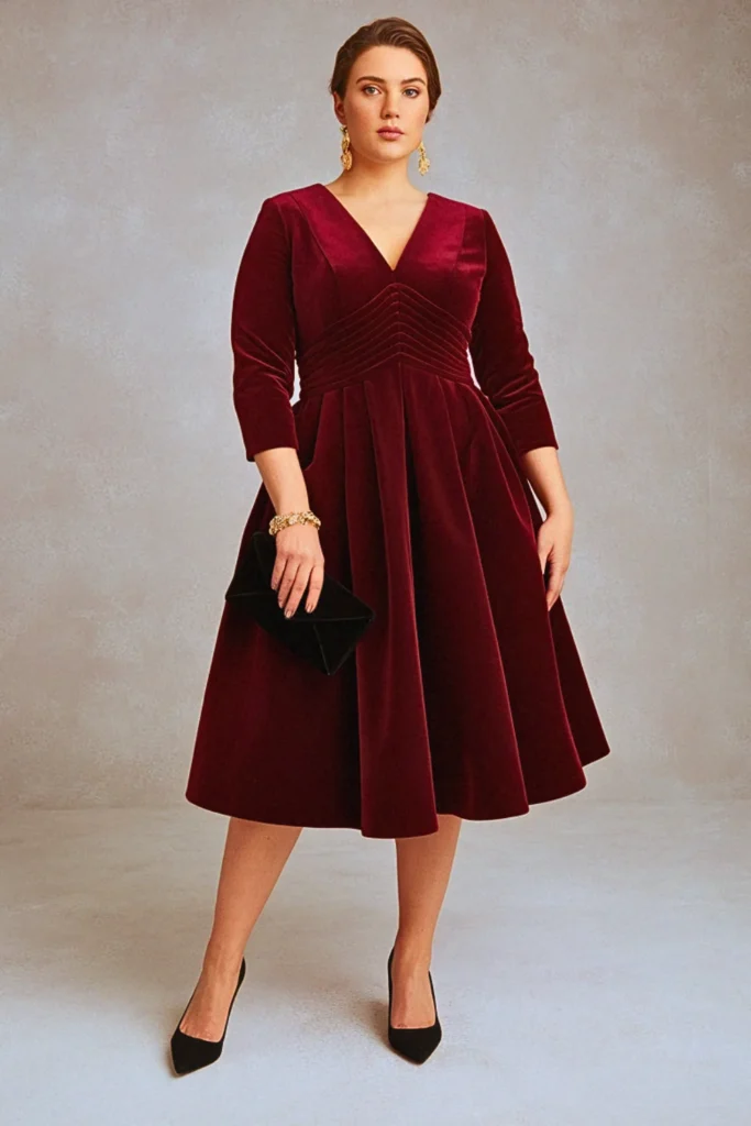 Garnet Pleated Waist Plus Size Wedding Guest Cocktail Dress