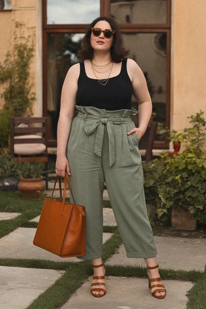 Plus Size Structured Paperbag Waist Trousers Summer Outfit
