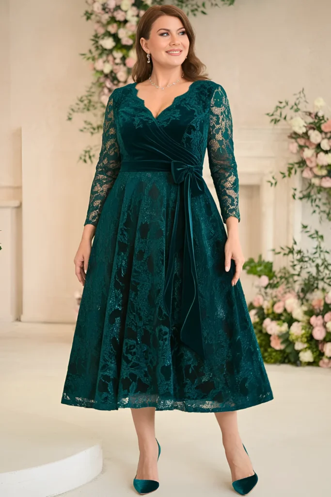 Plus Size Mother of the Groom Emerald Green Velvet Lace Dress