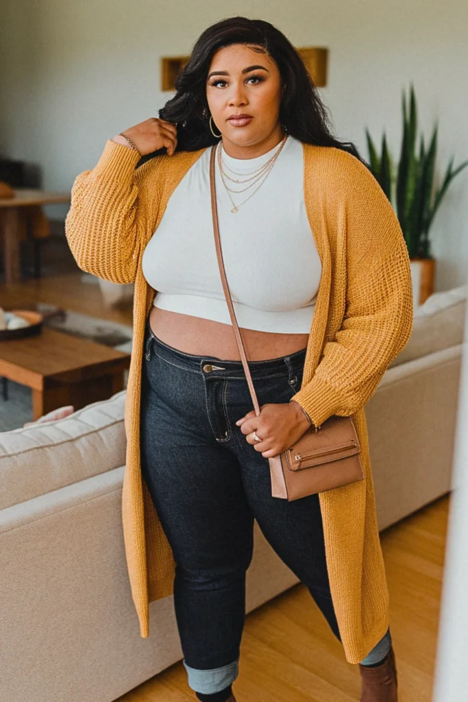 Plus Size Mustard Cardigan Cute Cozy Fall Outfit